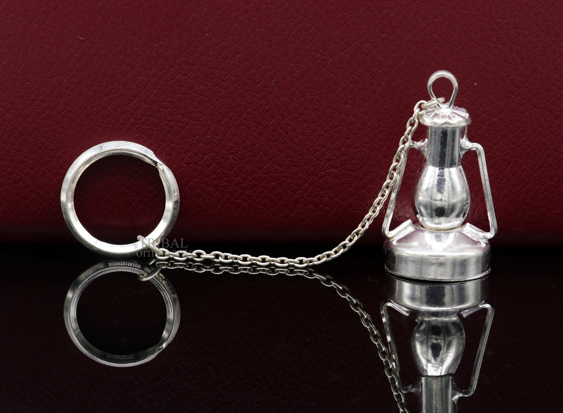 925 Sterling silver handmade vintage oil lamp(hariken) design solid key chain, royal gifting silver accessories unisex gift kch17 - TRIBAL ORNAMENTS