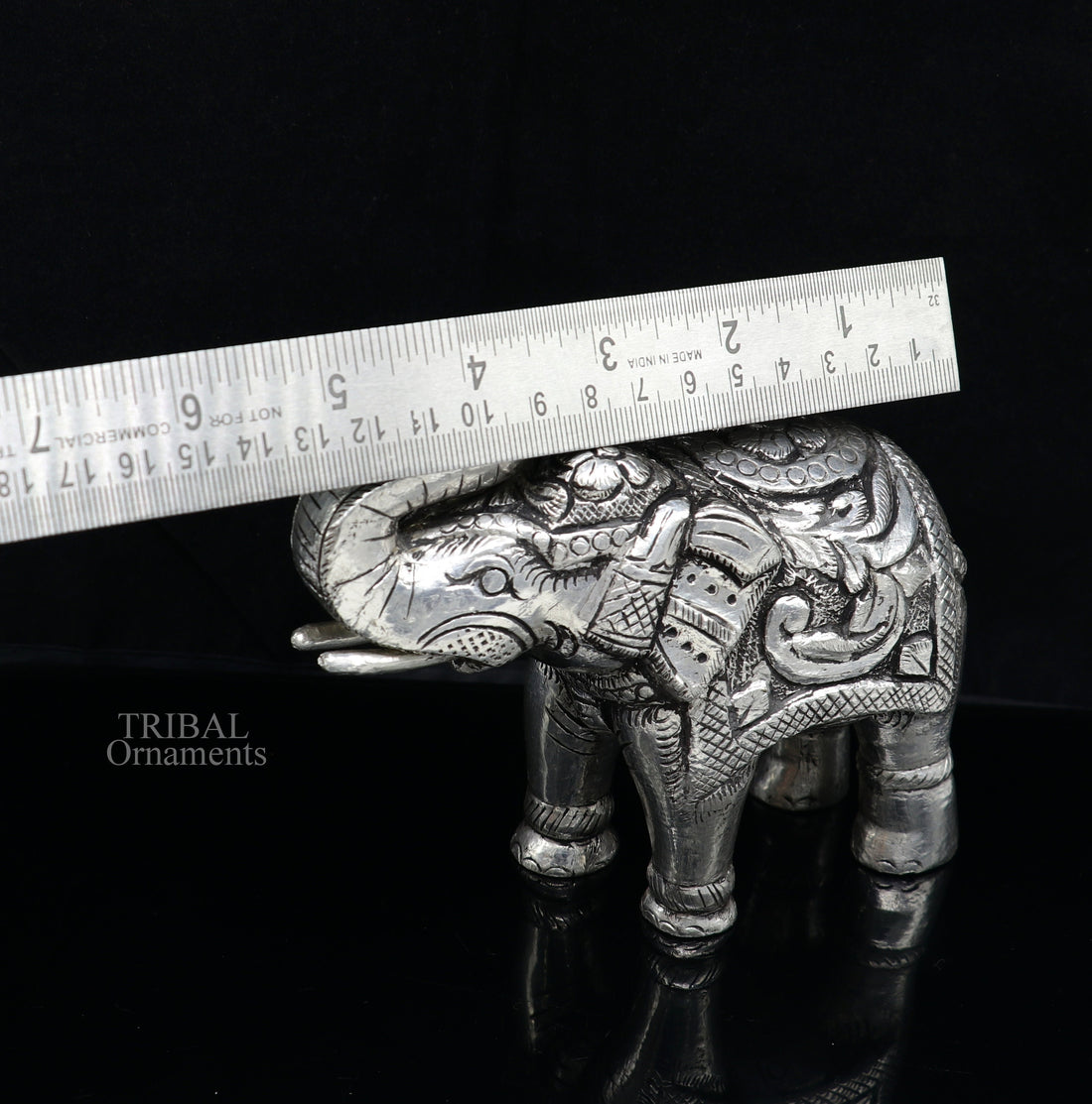 4" 999 fine silver Nakshi work design wooden base upper trunk Elephant statue, puja article figurine, home wealth and prosperity art530 - TRIBAL ORNAMENTS