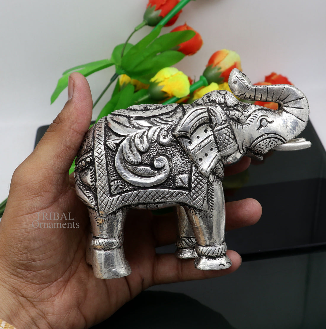 4" 999 fine silver Nakshi work design wooden base upper trunk Elephant statue, puja article figurine, home wealth and prosperity art530 - TRIBAL ORNAMENTS