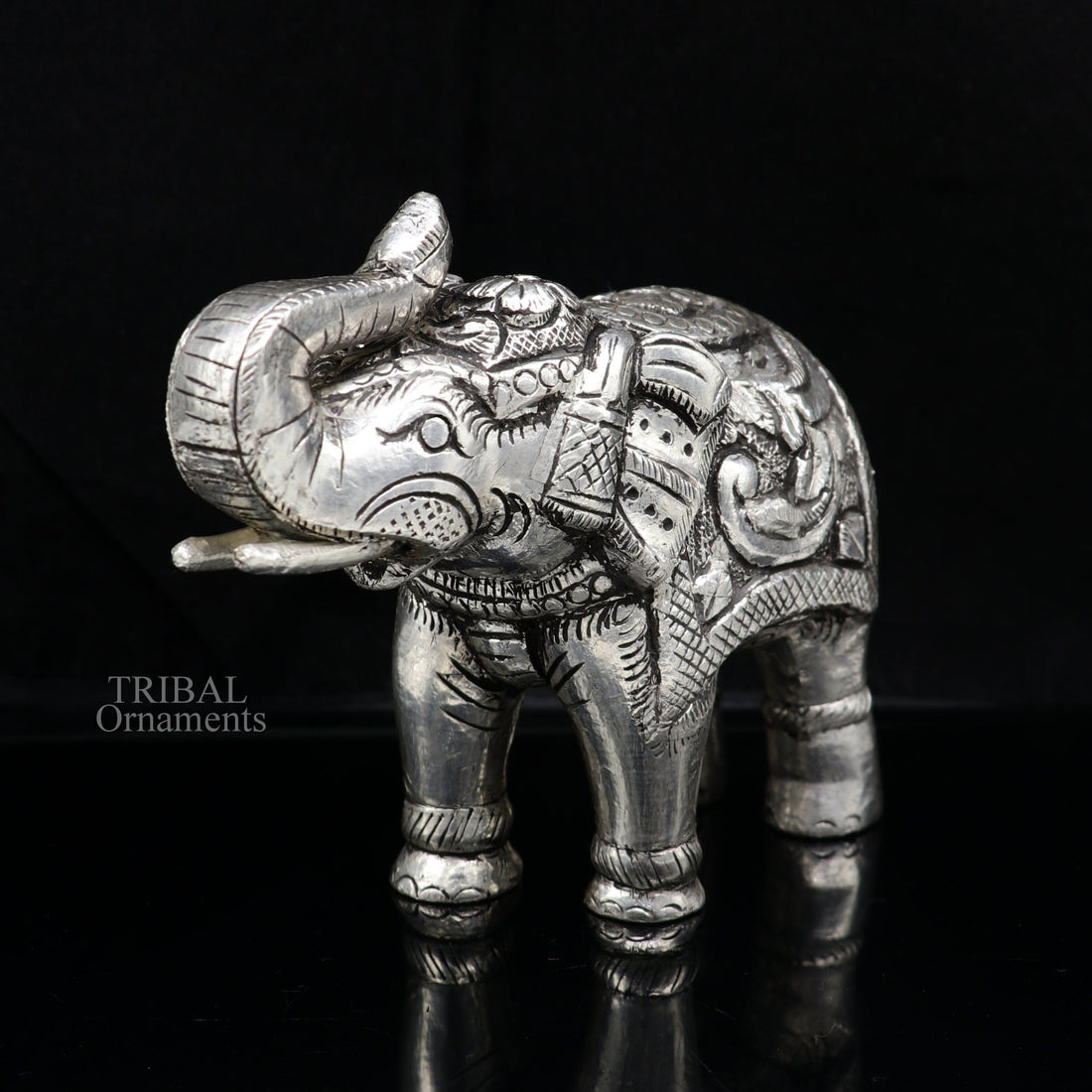 4" 999 fine silver Nakshi work design wooden base upper trunk Elephant statue, puja article figurine, home wealth and prosperity art530 - TRIBAL ORNAMENTS