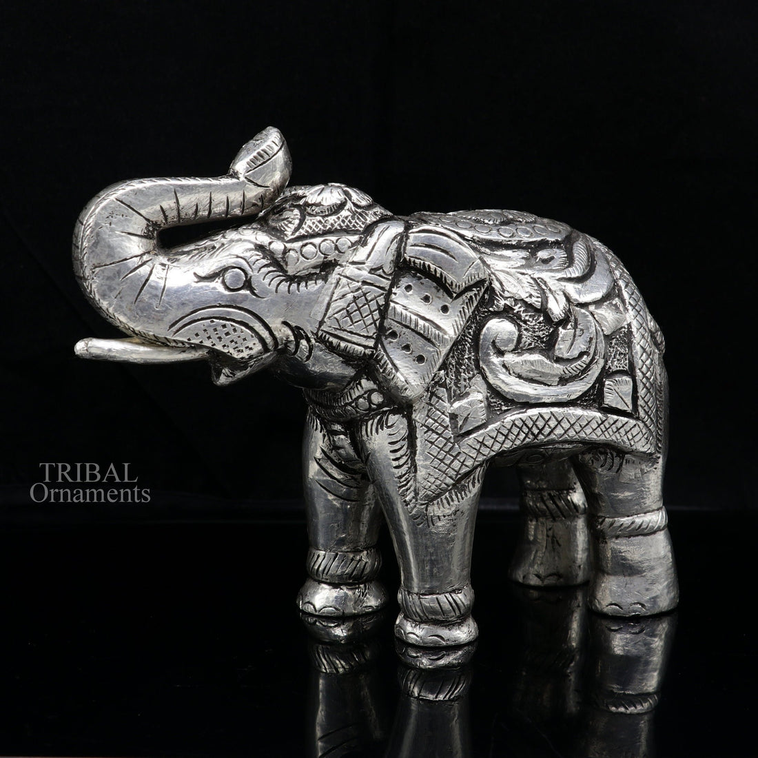 4" 999 fine silver Nakshi work design wooden base upper trunk Elephant statue, puja article figurine, home wealth and prosperity art530 - TRIBAL ORNAMENTS