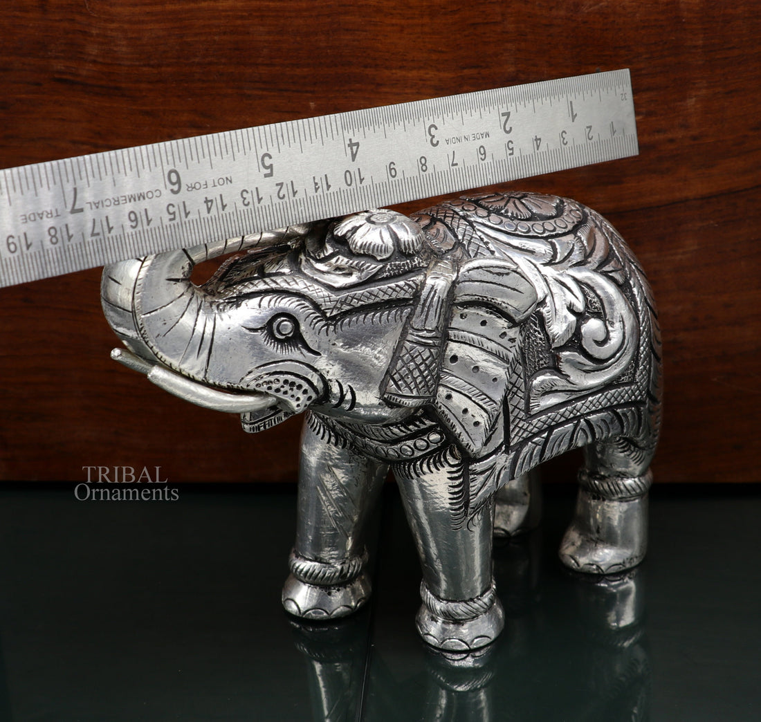 5" 999 fine silver Nakshi work design wooden base upper trunk Elephant statue, puja article figurine, home wealth and prosperity art531 - TRIBAL ORNAMENTS