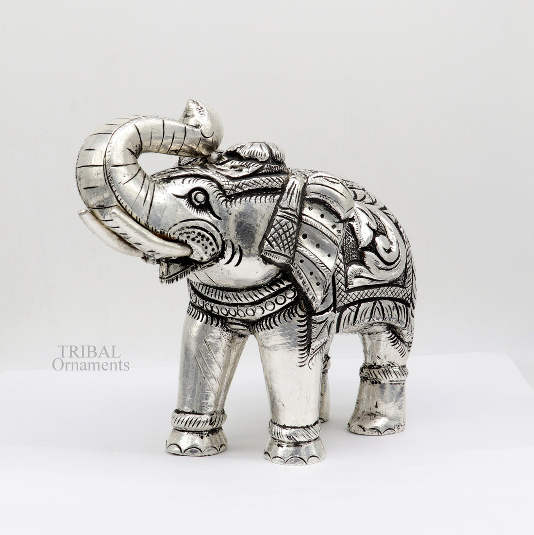 5" 999 fine silver Nakshi work design wooden base upper trunk Elephant statue, puja article figurine, home wealth and prosperity art531 - TRIBAL ORNAMENTS