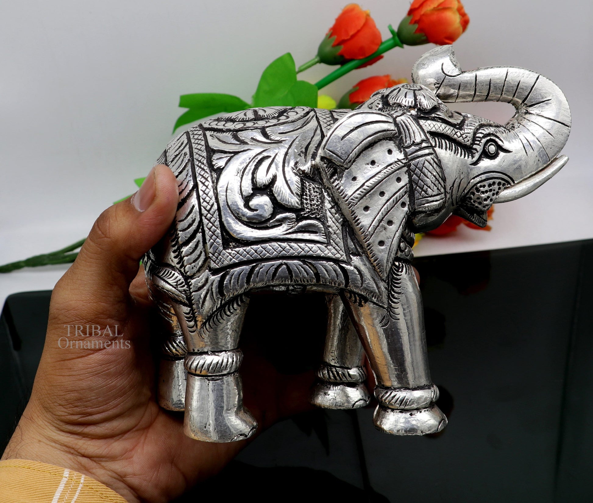 5" 999 fine silver Nakshi work design wooden base upper trunk Elephant statue, puja article figurine, home wealth and prosperity art531 - TRIBAL ORNAMENTS