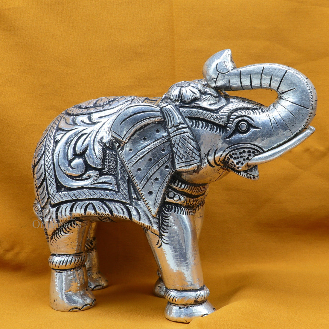 5" 999 fine silver Nakshi work design wooden base upper trunk Elephant statue, puja article figurine, home wealth and prosperity art531 - TRIBAL ORNAMENTS