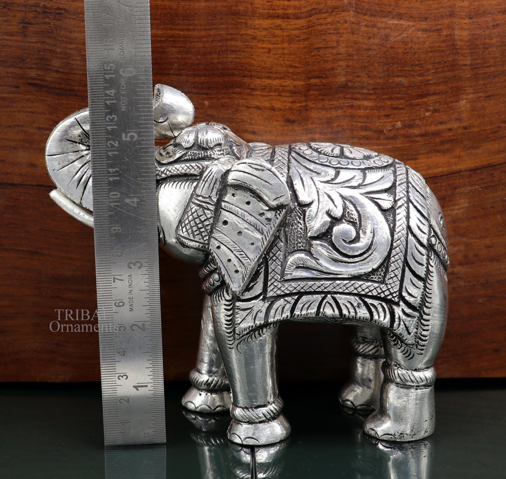 5" 999 fine silver Nakshi work design wooden base upper trunk Elephant statue, puja article figurine, home wealth and prosperity art531 - TRIBAL ORNAMENTS