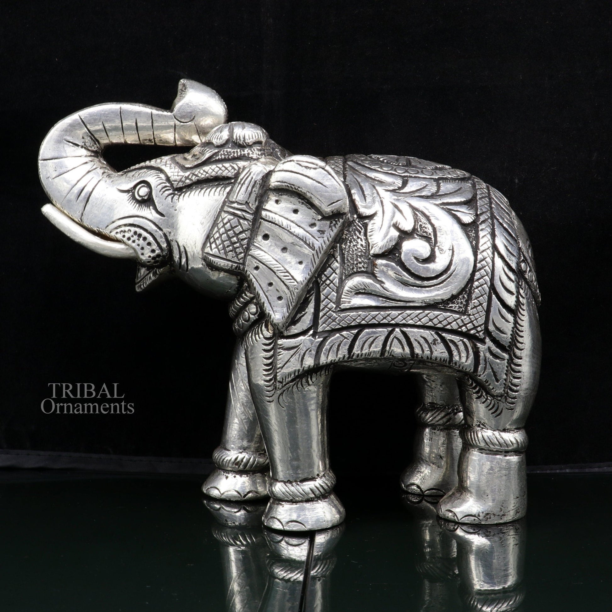 5" 999 fine silver Nakshi work design wooden base upper trunk Elephant statue, puja article figurine, home wealth and prosperity art531 - TRIBAL ORNAMENTS