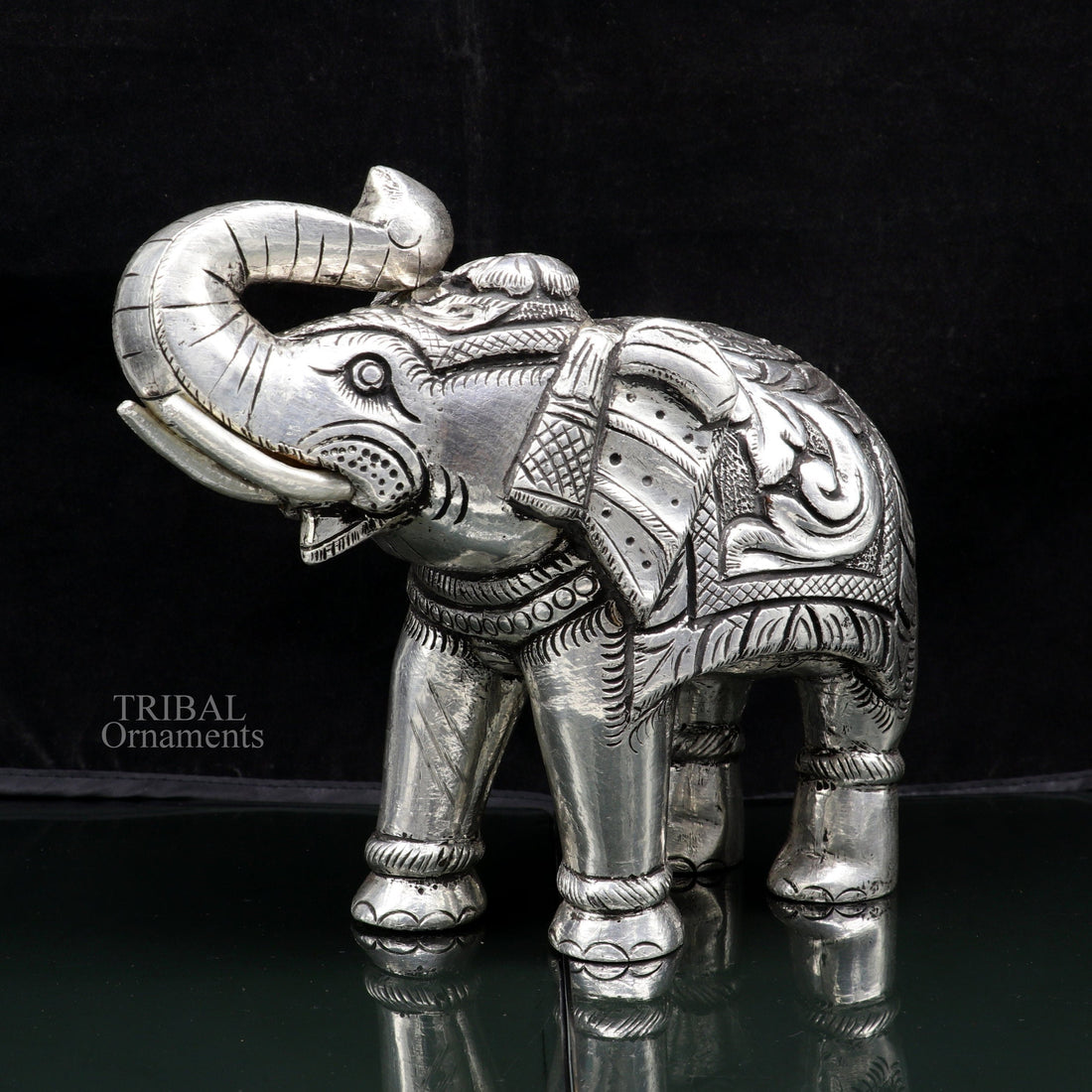 5" 999 fine silver Nakshi work design wooden base upper trunk Elephant statue, puja article figurine, home wealth and prosperity art531 - TRIBAL ORNAMENTS