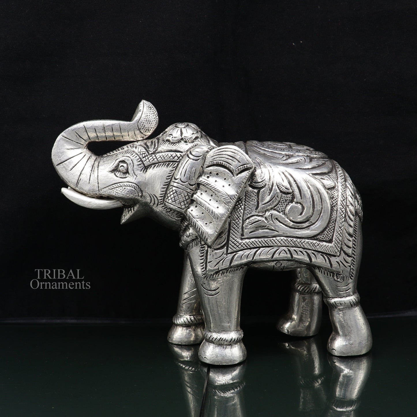 6" 999 fine silver handcrafted Nakshi design wooden base upper trunk Elephant statue puja article figurine for wealth & prosperity art532 - TRIBAL ORNAMENTS