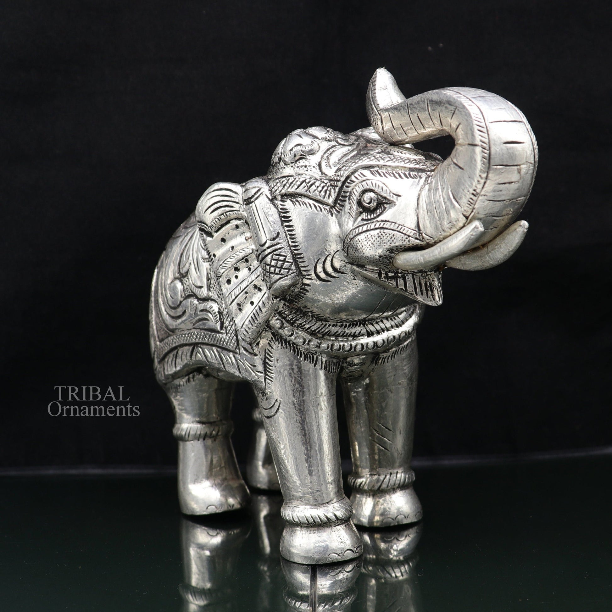 6" 999 fine silver handcrafted Nakshi design wooden base upper trunk Elephant statue puja article figurine for wealth & prosperity art532 - TRIBAL ORNAMENTS