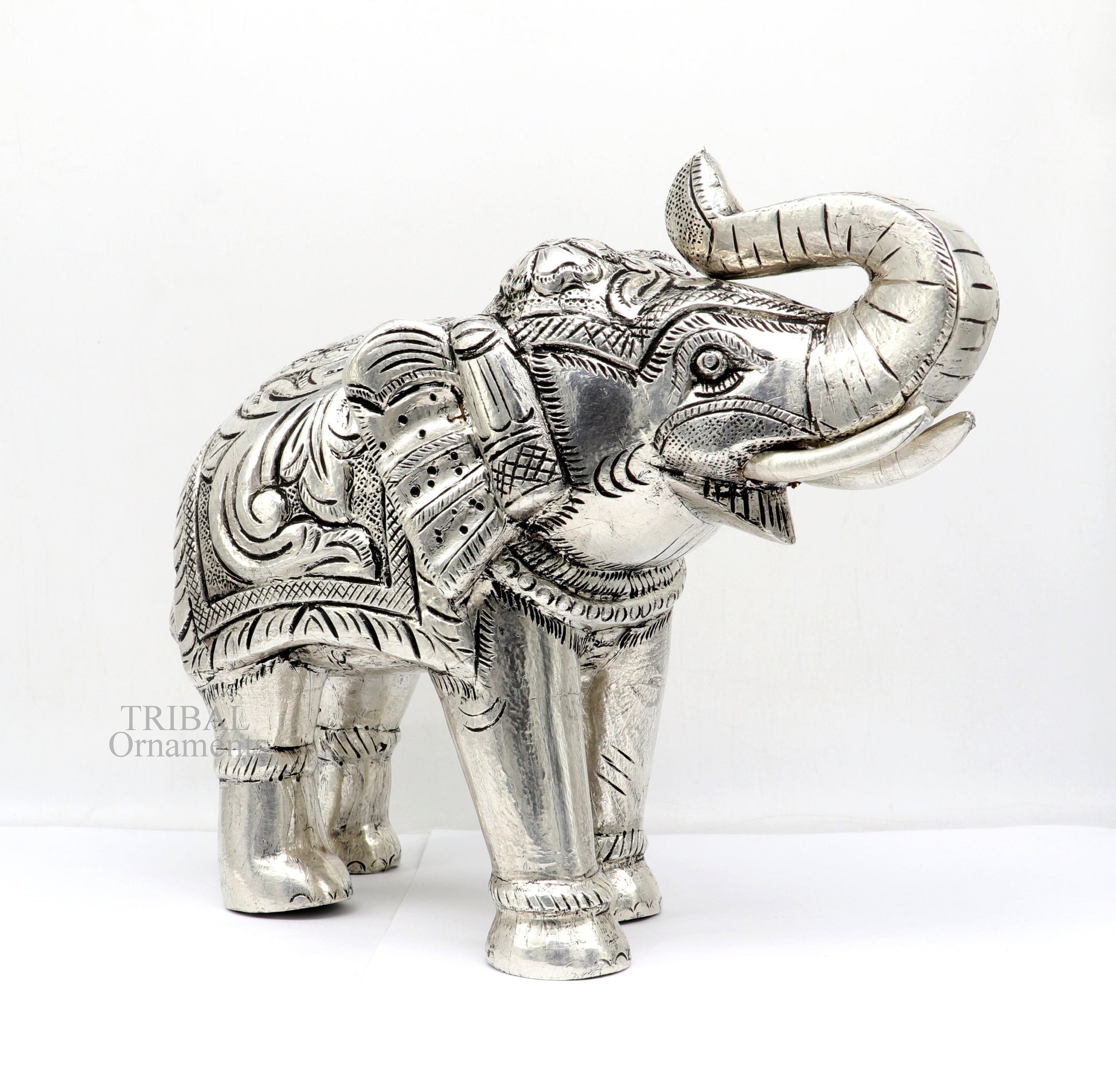 6" 999 fine silver handcrafted Nakshi design wooden base upper trunk Elephant statue puja article figurine for wealth & prosperity art532 - TRIBAL ORNAMENTS