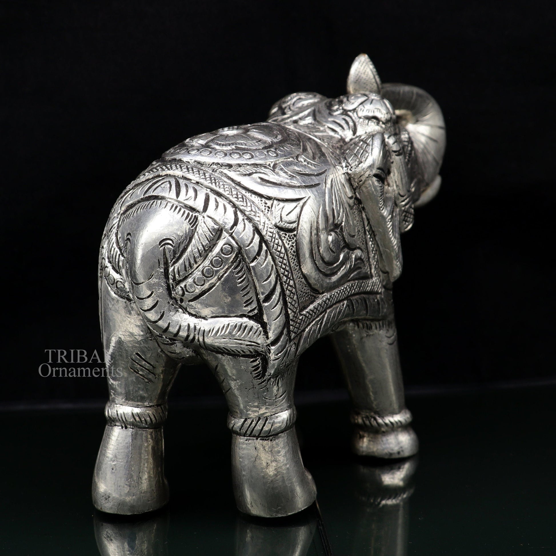 6" 999 fine silver handcrafted Nakshi design wooden base upper trunk Elephant statue puja article figurine for wealth & prosperity art532 - TRIBAL ORNAMENTS