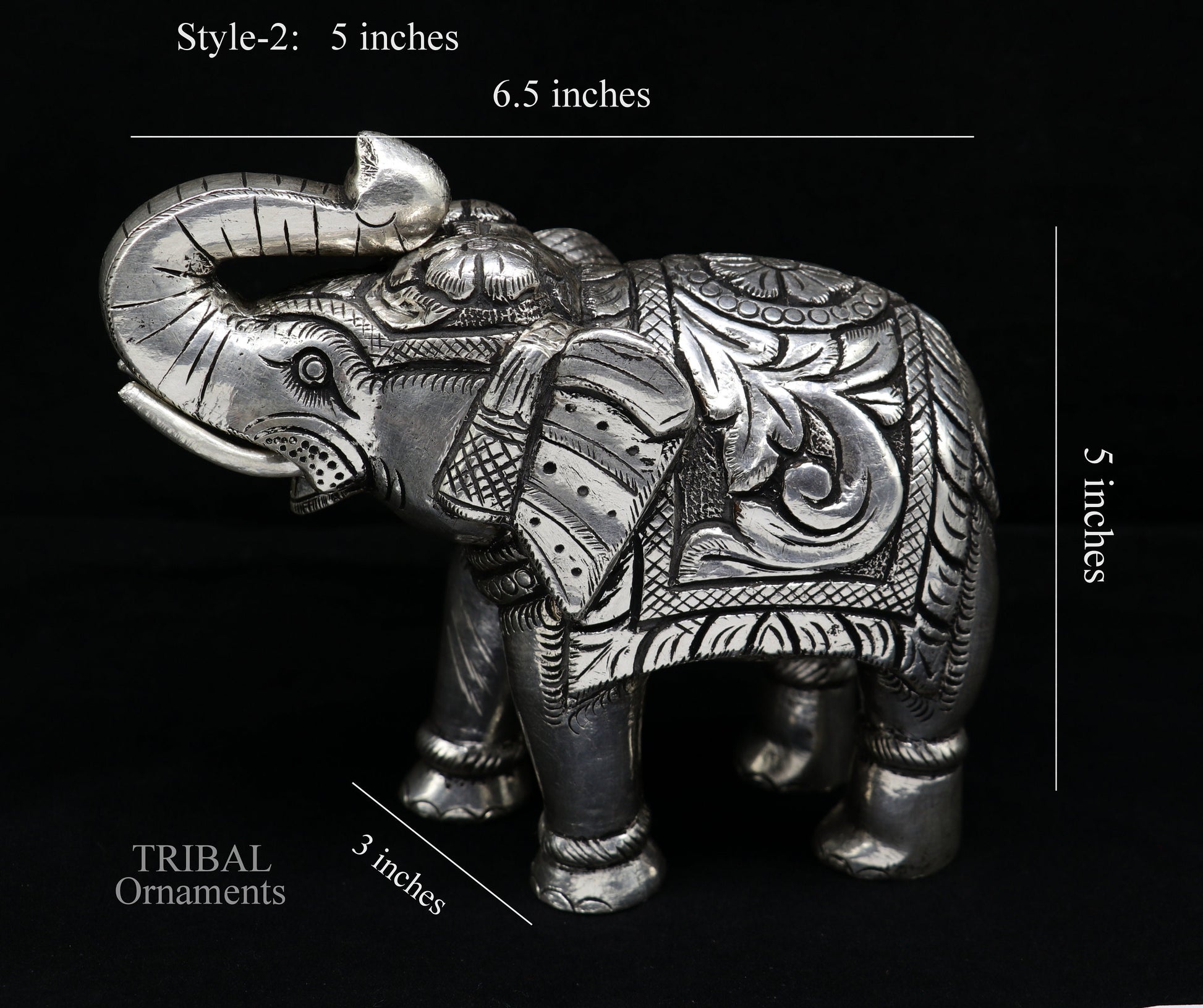 999 fine silver handcrafted Nakshi design wooden base upper trunk Elephant statue puja article figurine for wealth & prosperity art533 - TRIBAL ORNAMENTS