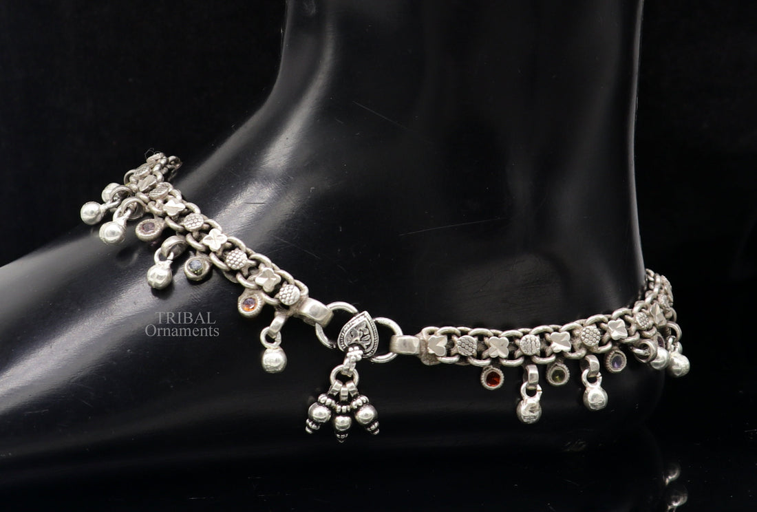 Indian traditional vintage antique sterling silver flexible ankle jewelry, ethnic tribal anklet single piece belly dance jewelry anko60 - TRIBAL ORNAMENTS