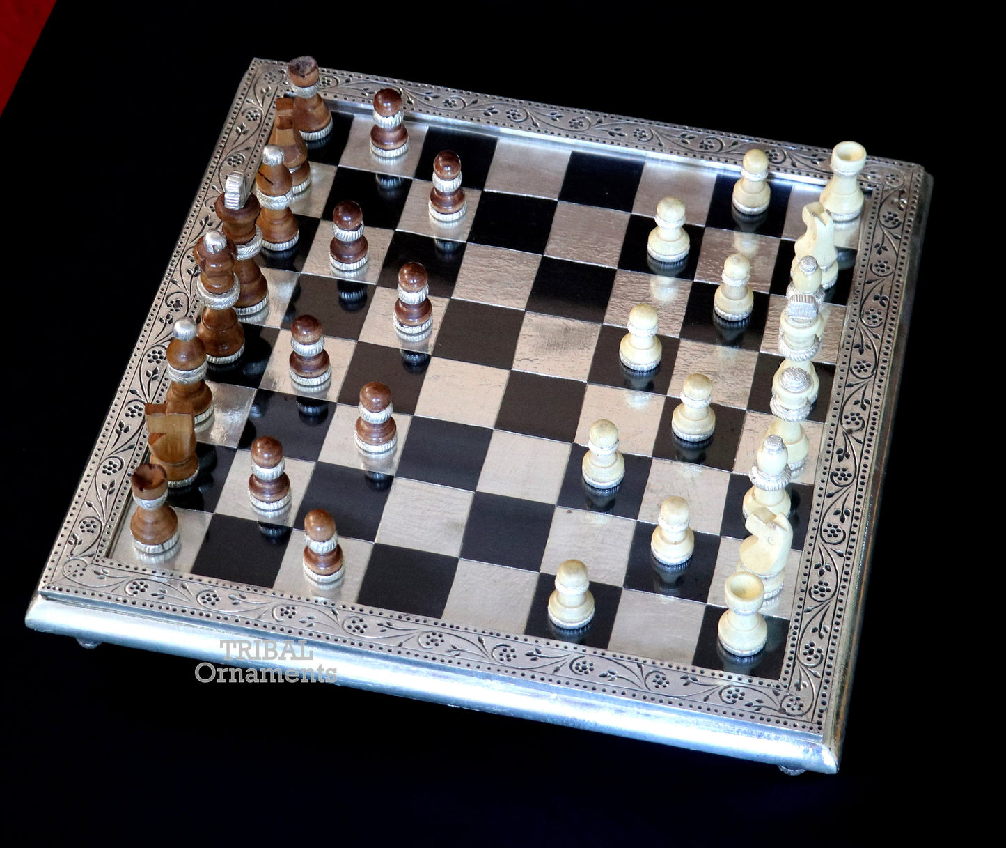 925 sterling silver work chessboard, Amazing customized handcrafted design on wooden base, fabulous Royal silver article from india fr11 - TRIBAL ORNAMENTS