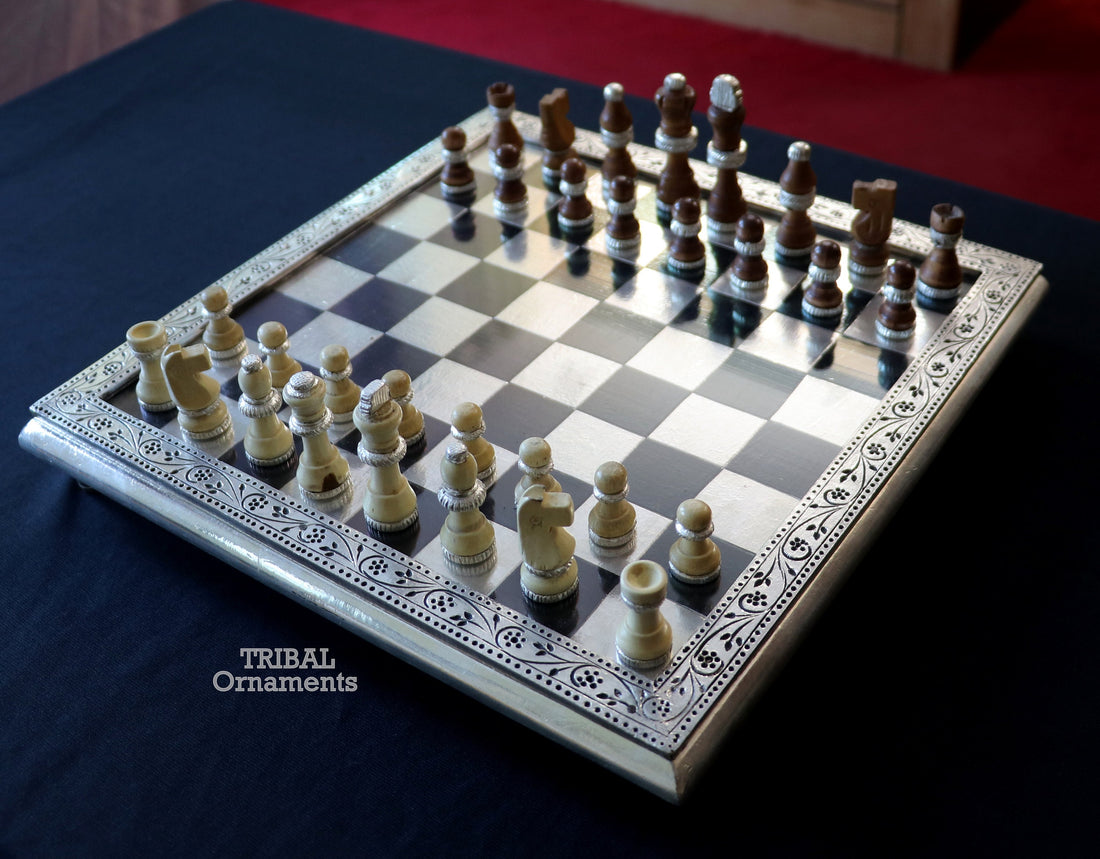 925 sterling silver work chessboard, Amazing customized handcrafted design on wooden base, fabulous Royal silver article from india fr11 - TRIBAL ORNAMENTS