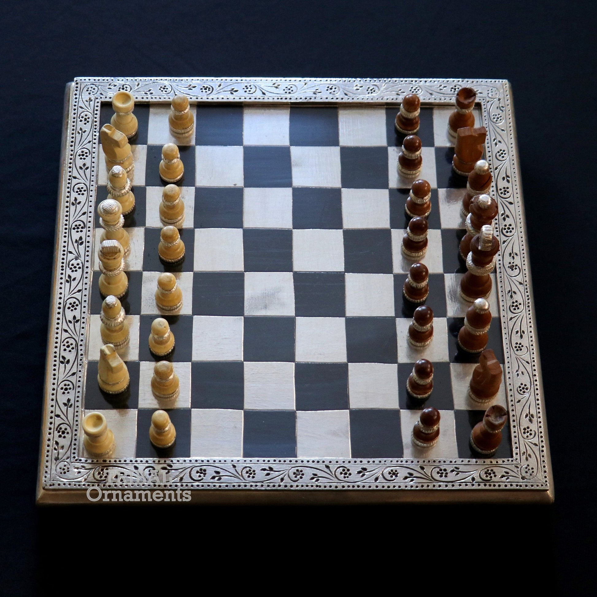 925 sterling silver work chessboard, Amazing customized handcrafted design on wooden base, fabulous Royal silver article from india fr11 - TRIBAL ORNAMENTS