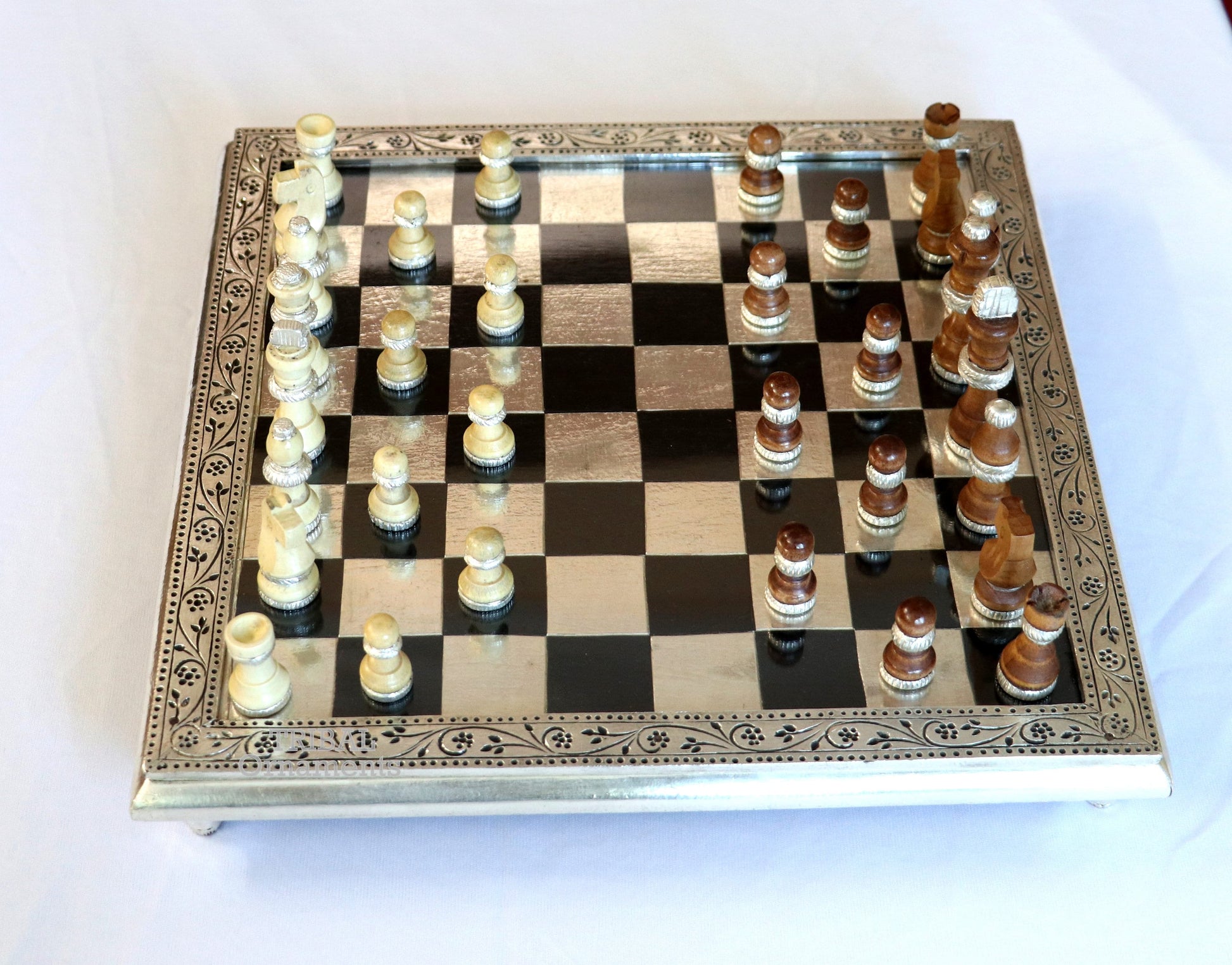 925 sterling silver work chessboard, Amazing customized handcrafted design on wooden base, fabulous Royal silver article from india fr11 - TRIBAL ORNAMENTS