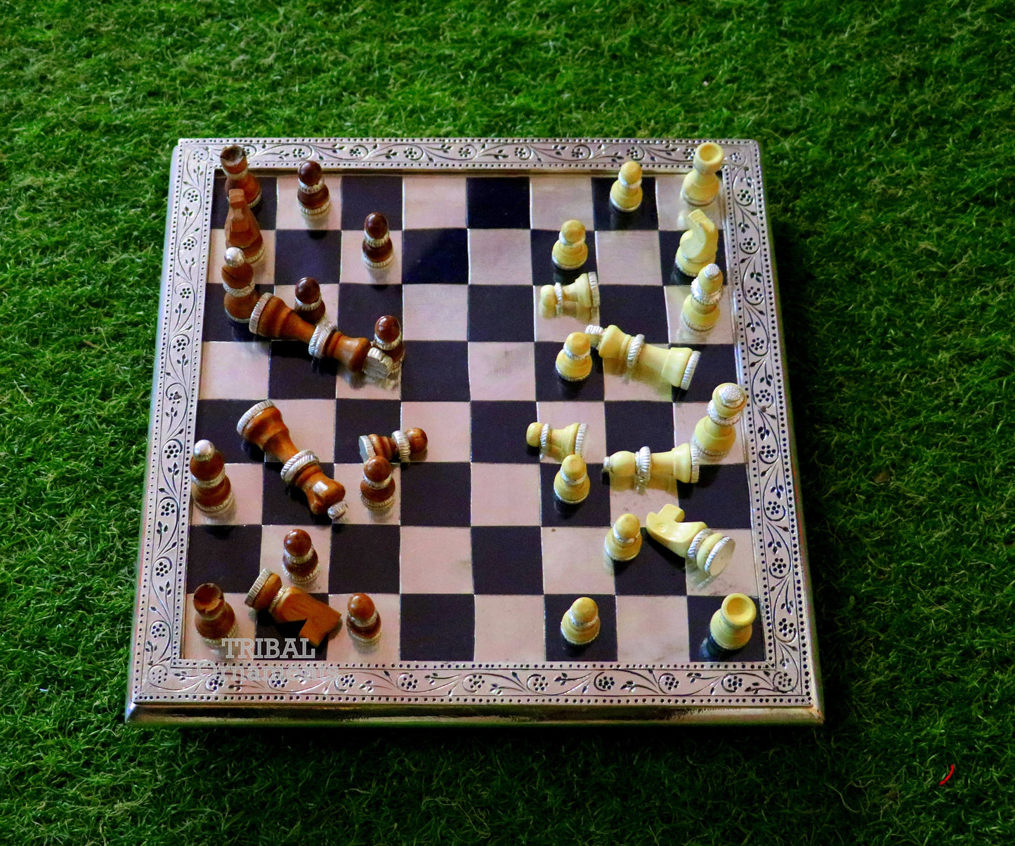925 sterling silver work chessboard, Amazing customized handcrafted design on wooden base, fabulous Royal silver article from india fr11 - TRIBAL ORNAMENTS