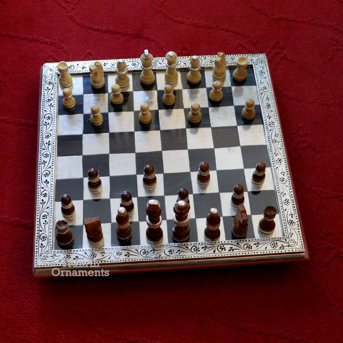 925 sterling silver work chessboard, Amazing customized handcrafted design on wooden base, fabulous Royal silver article from india fr11 - TRIBAL ORNAMENTS