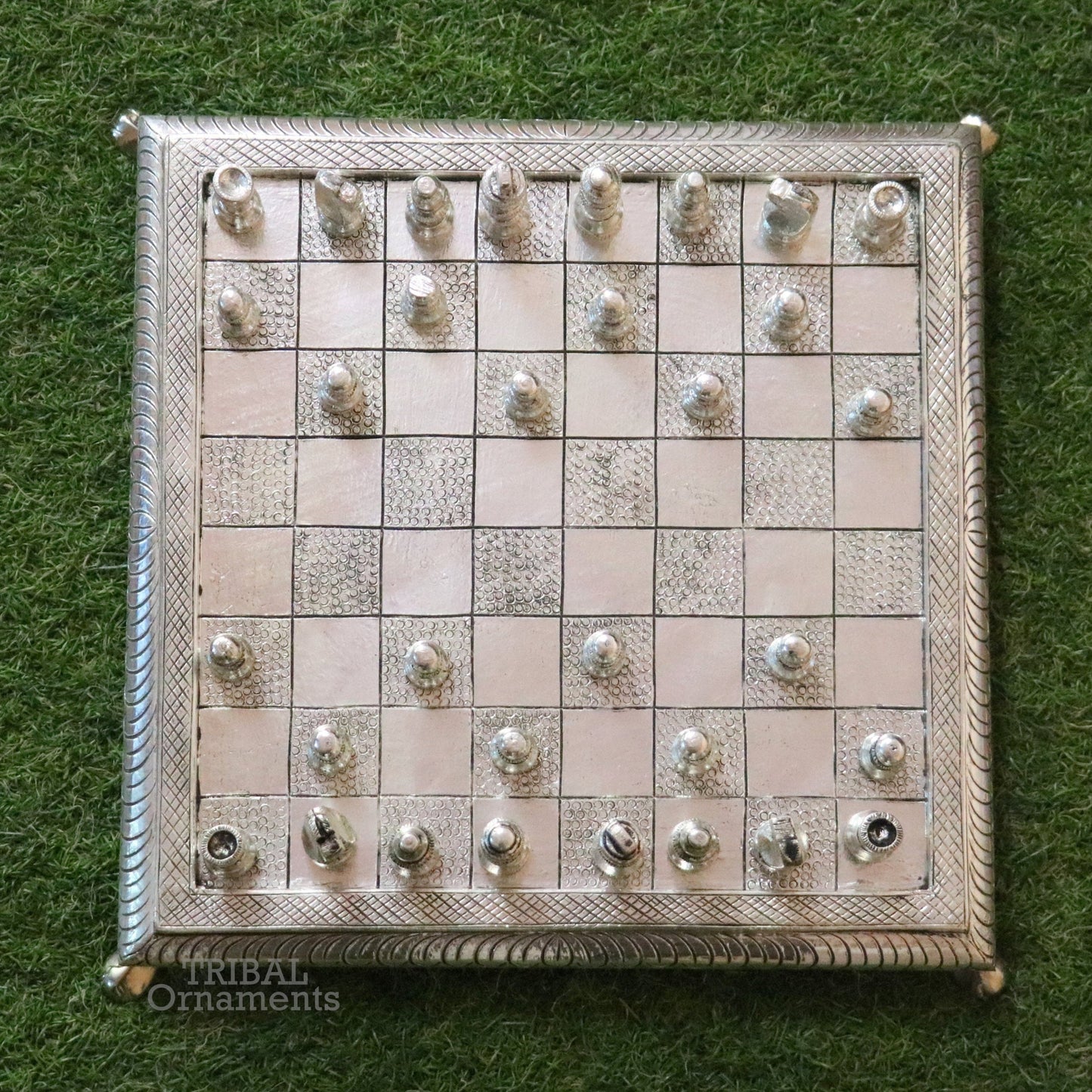 12" x 12" 925 sterling silver work chessboard, Amazing handcrafted design on wooden base, fabulous Royal silver article from india fr13 - TRIBAL ORNAMENTS