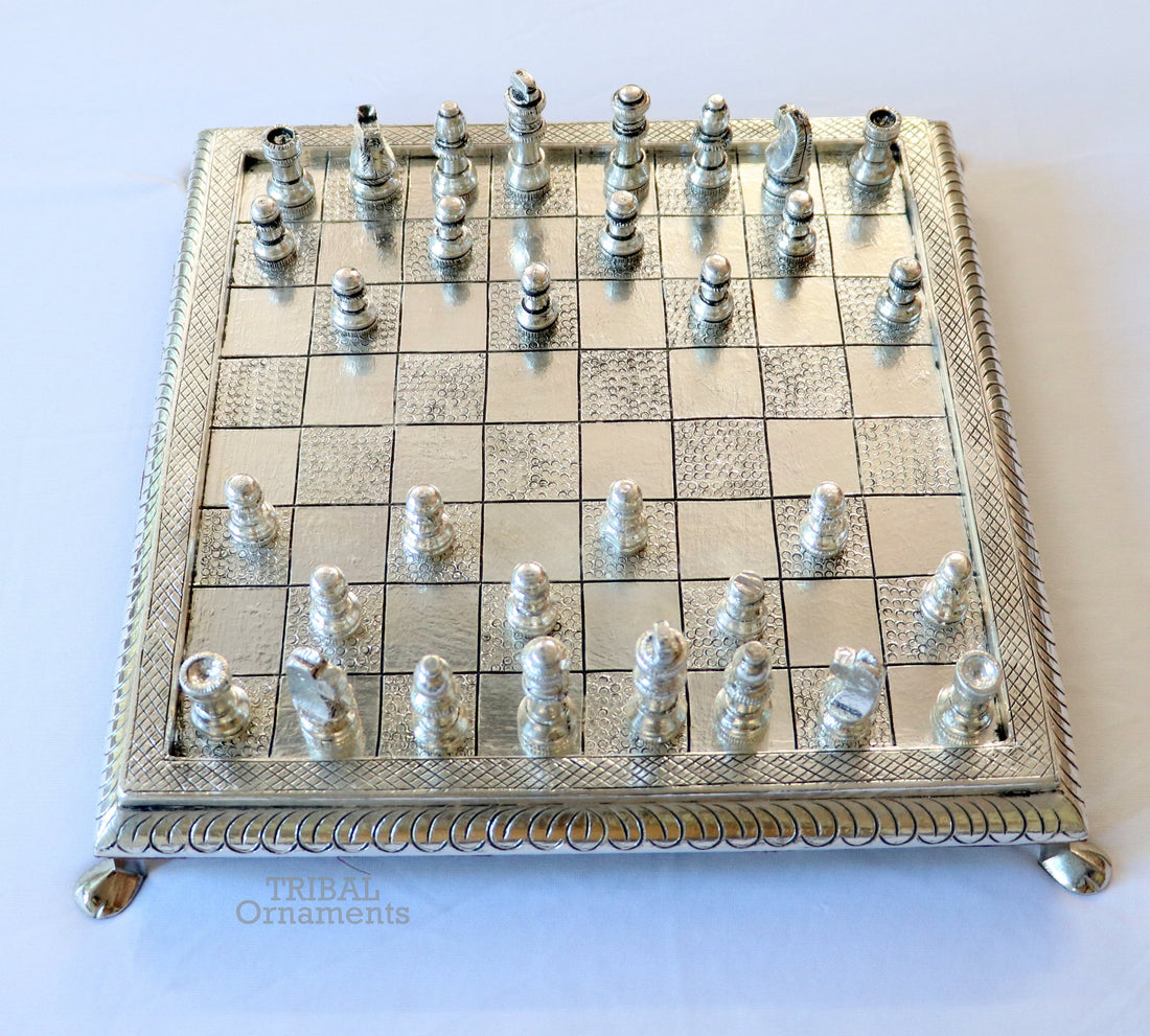 12" x 12" 925 sterling silver work chessboard, Amazing handcrafted design on wooden base, fabulous Royal silver article from india fr13 - TRIBAL ORNAMENTS