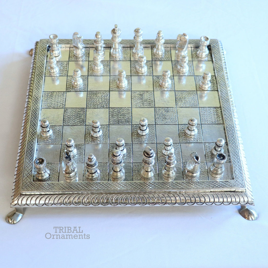 12" x 12" 925 sterling silver work chessboard, Amazing handcrafted design on wooden base, fabulous Royal silver article from india fr13 - TRIBAL ORNAMENTS