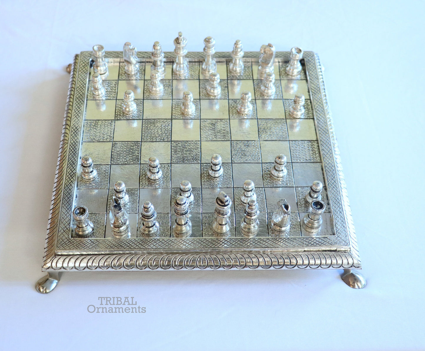 12" x 12" 925 sterling silver work chessboard, Amazing handcrafted design on wooden base, fabulous Royal silver article from india fr13 - TRIBAL ORNAMENTS