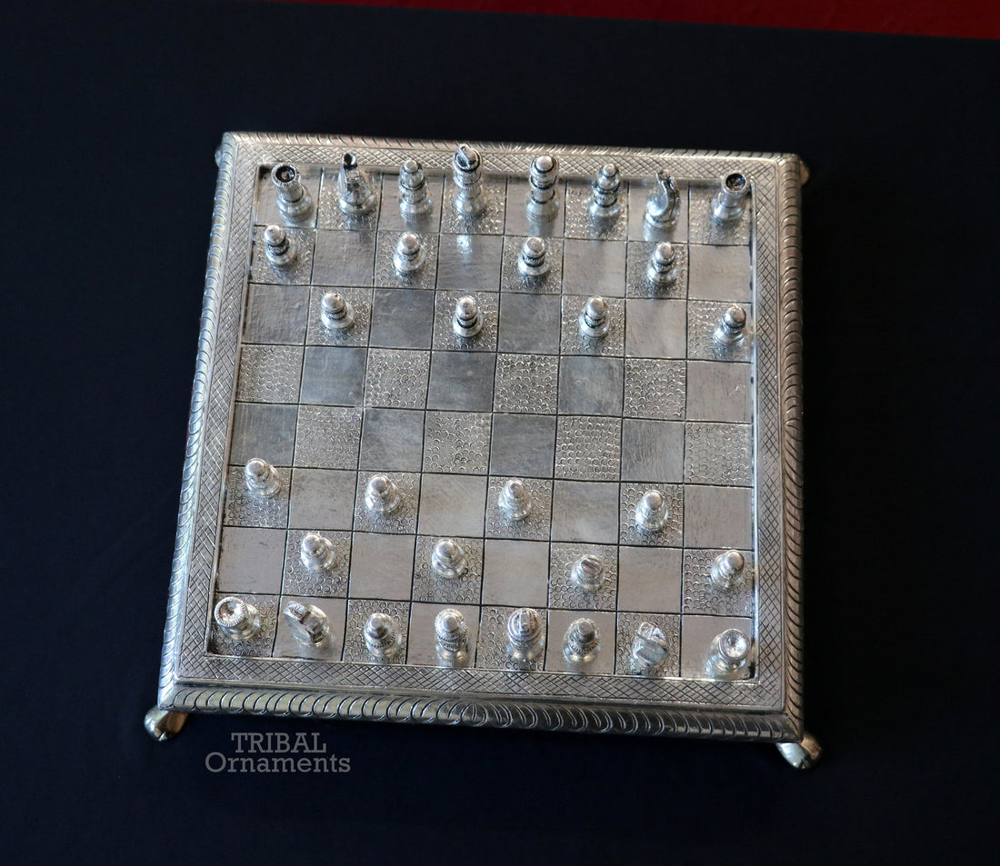 12" x 12" 925 sterling silver work chessboard, Amazing handcrafted design on wooden base, fabulous Royal silver article from india fr13 - TRIBAL ORNAMENTS