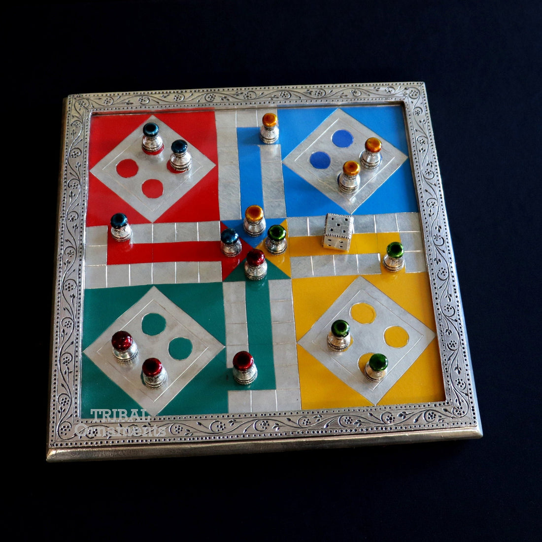 925 sterling silver handcrafted work LUDO Game board, Amazing handcrafted design on wooden base, fabulous Royal silver article gift fr14 - TRIBAL ORNAMENTS