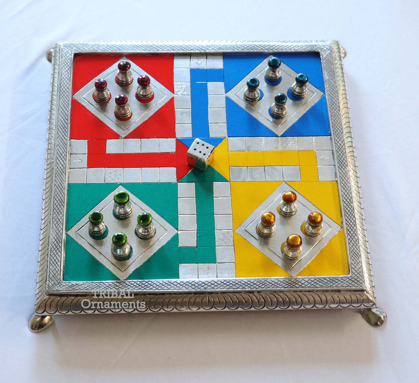 Pure 925 sterling silver handcrafted work LUDO Game board, Amazing handcrafted design on wooden base fabulous Royal silver article gift fr15 - TRIBAL ORNAMENTS