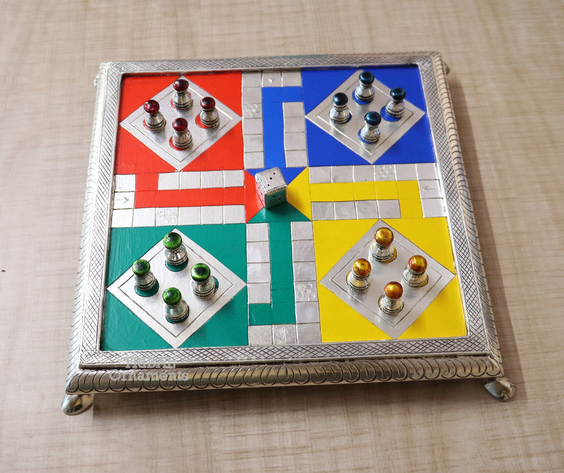 Pure 925 sterling silver handcrafted work LUDO Game board, Amazing handcrafted design on wooden base fabulous Royal silver article gift fr15 - TRIBAL ORNAMENTS