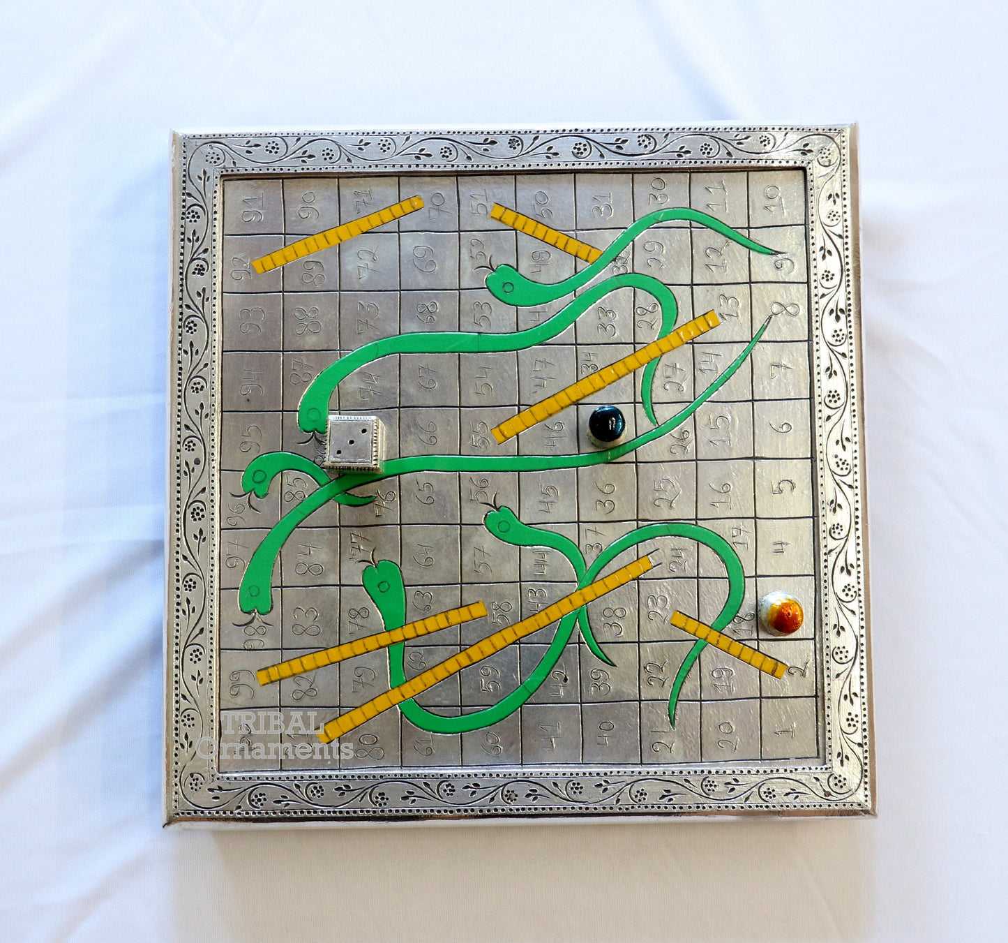 925 sterling silver handcrafted solid silver work snake and ladders game wooden base board, amazing vintage style classical games sf16 - TRIBAL ORNAMENTS