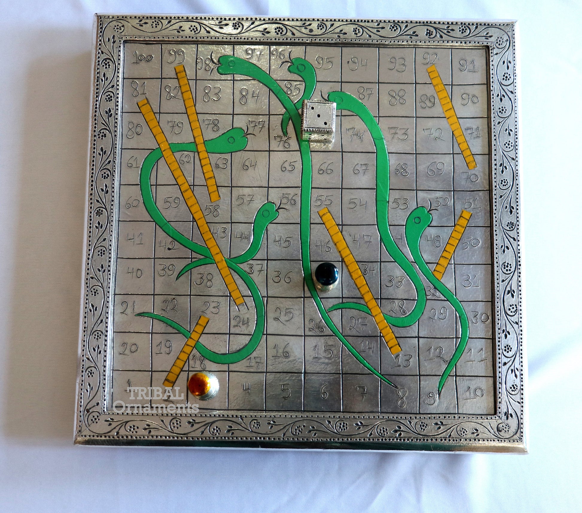 925 sterling silver handcrafted solid silver work snake and ladders game wooden base board, amazing vintage style classical games sf16 - TRIBAL ORNAMENTS