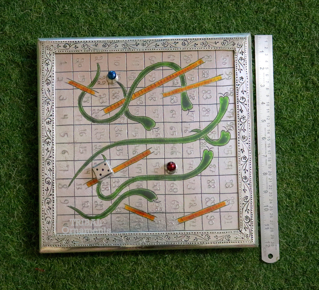 925 sterling silver handcrafted solid silver work snake and ladders game wooden base board, amazing vintage style classical games sf17 - TRIBAL ORNAMENTS
