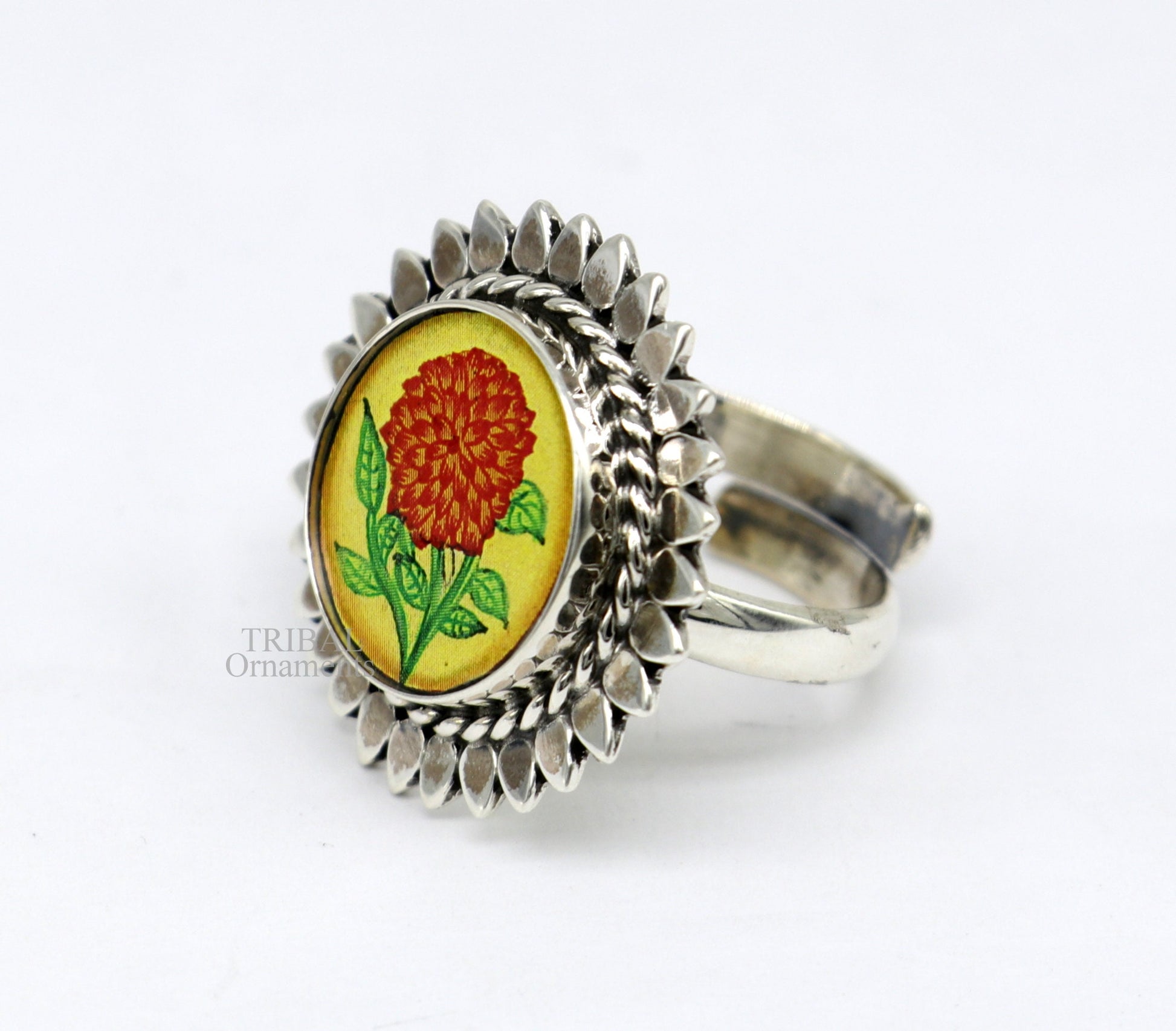 925 sterling silver adjustable ring band with fabulous flower painting ring unisex India jewelry ring520 - TRIBAL ORNAMENTS