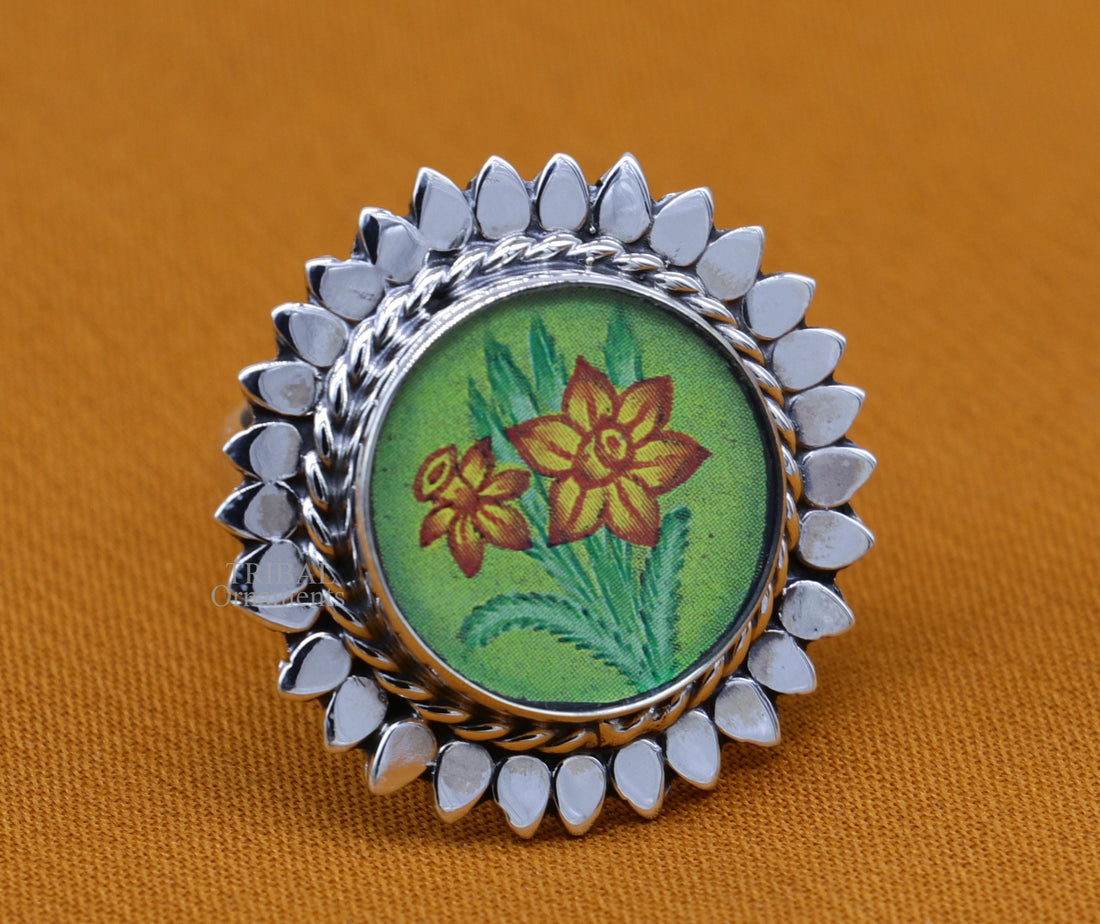 925 sterling silver adjustable ring band with fabulous flower painting ring unisex India jewelry ring552 - TRIBAL ORNAMENTS