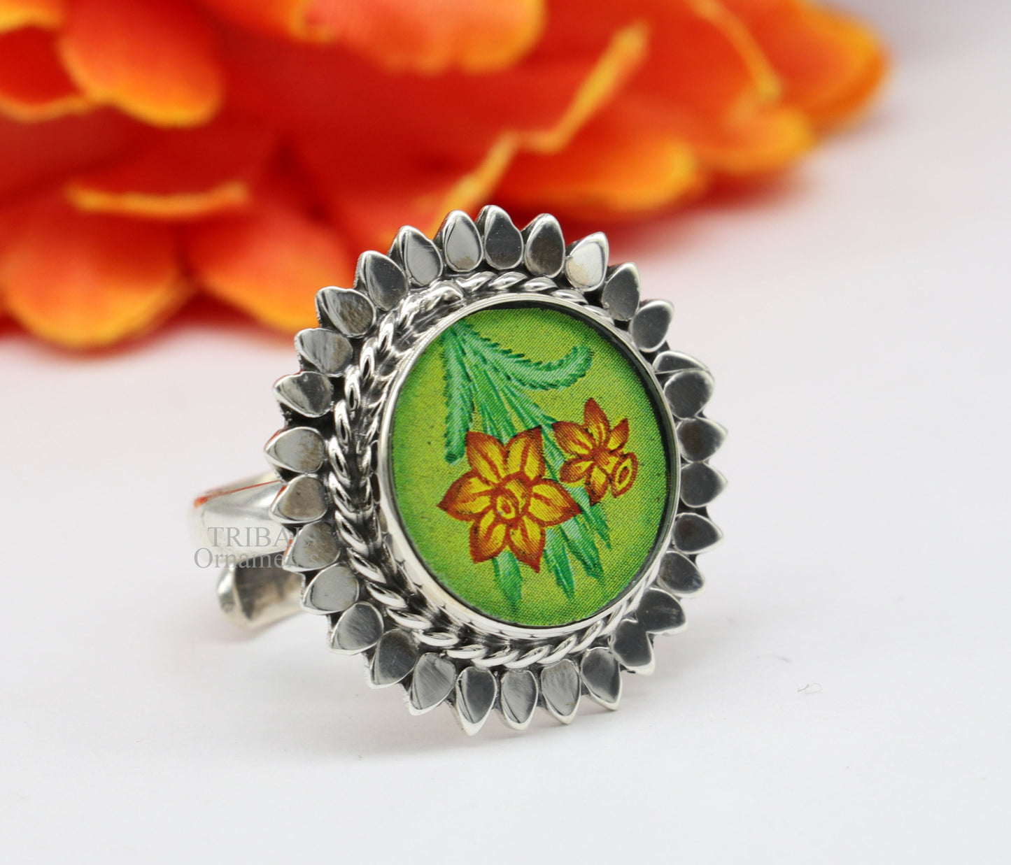 925 sterling silver adjustable ring band with fabulous flower painting ring unisex India jewelry ring552 - TRIBAL ORNAMENTS