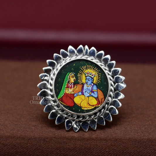925 sterling silver band fabulous Idol Radha and Krishna miniature art painting ring Stylish ethnic party functional jewelry ring507 - TRIBAL ORNAMENTS