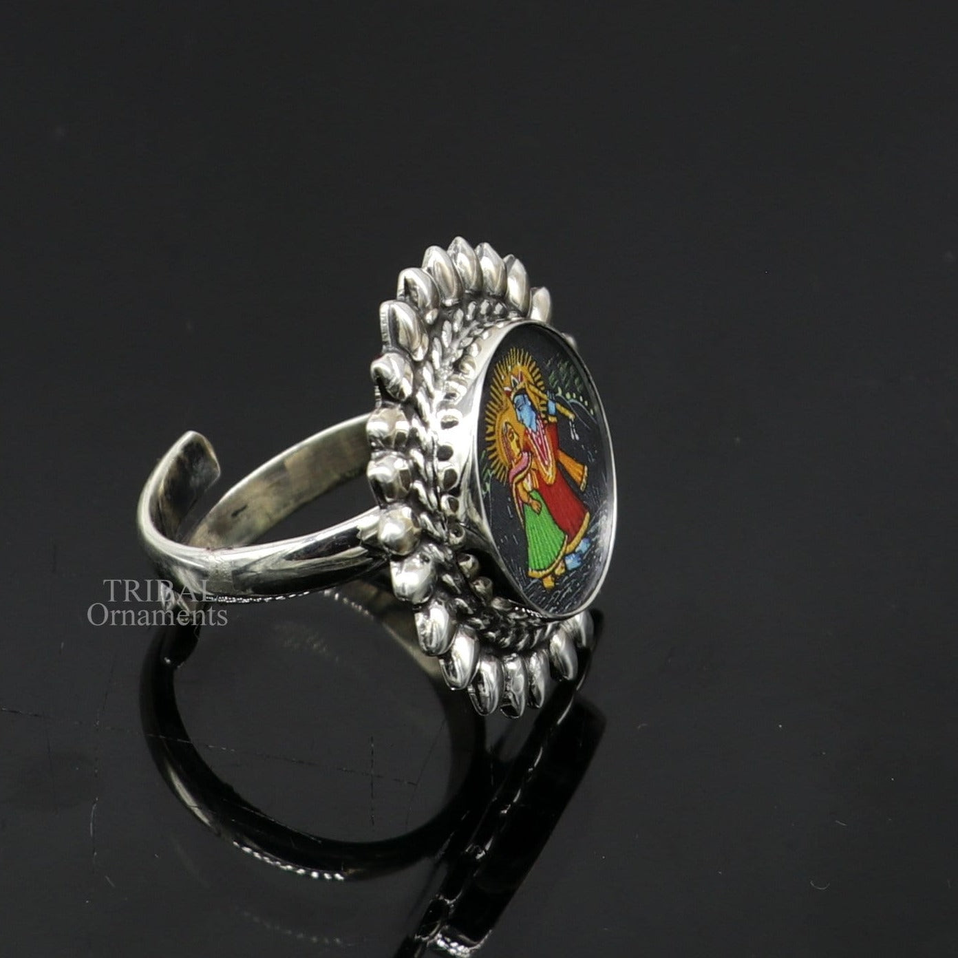 Exclusive Lord Krishna and Radha handmade miniature art painting ring 925 sterling silver Stylish ethnic party functional jewelry ring517 - TRIBAL ORNAMENTS