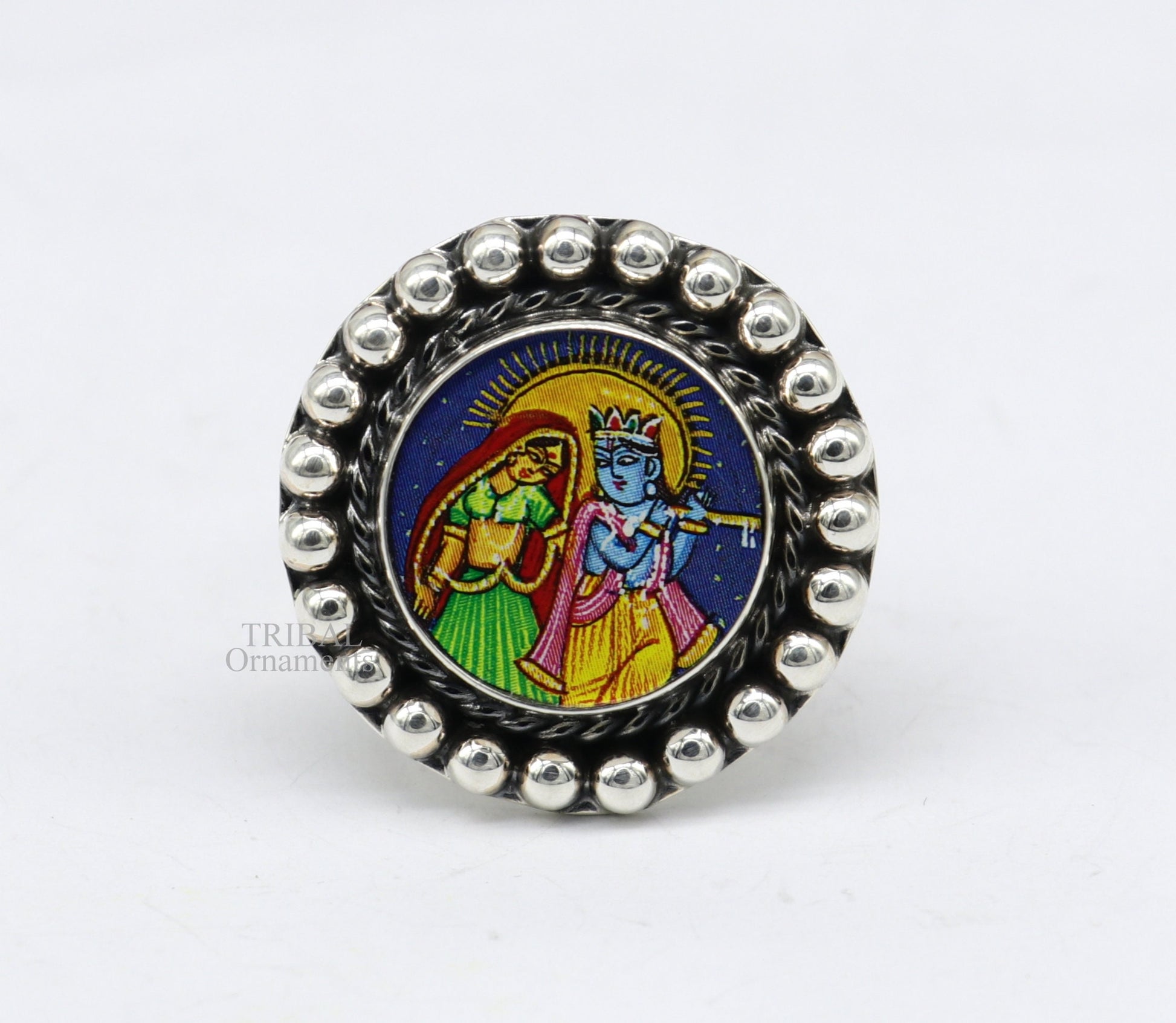 Exclusive Lord Krishna and Radha handmade miniature art painting ring 925 sterling silver Stylish ethnic party functional jewelry ring535 - TRIBAL ORNAMENTS
