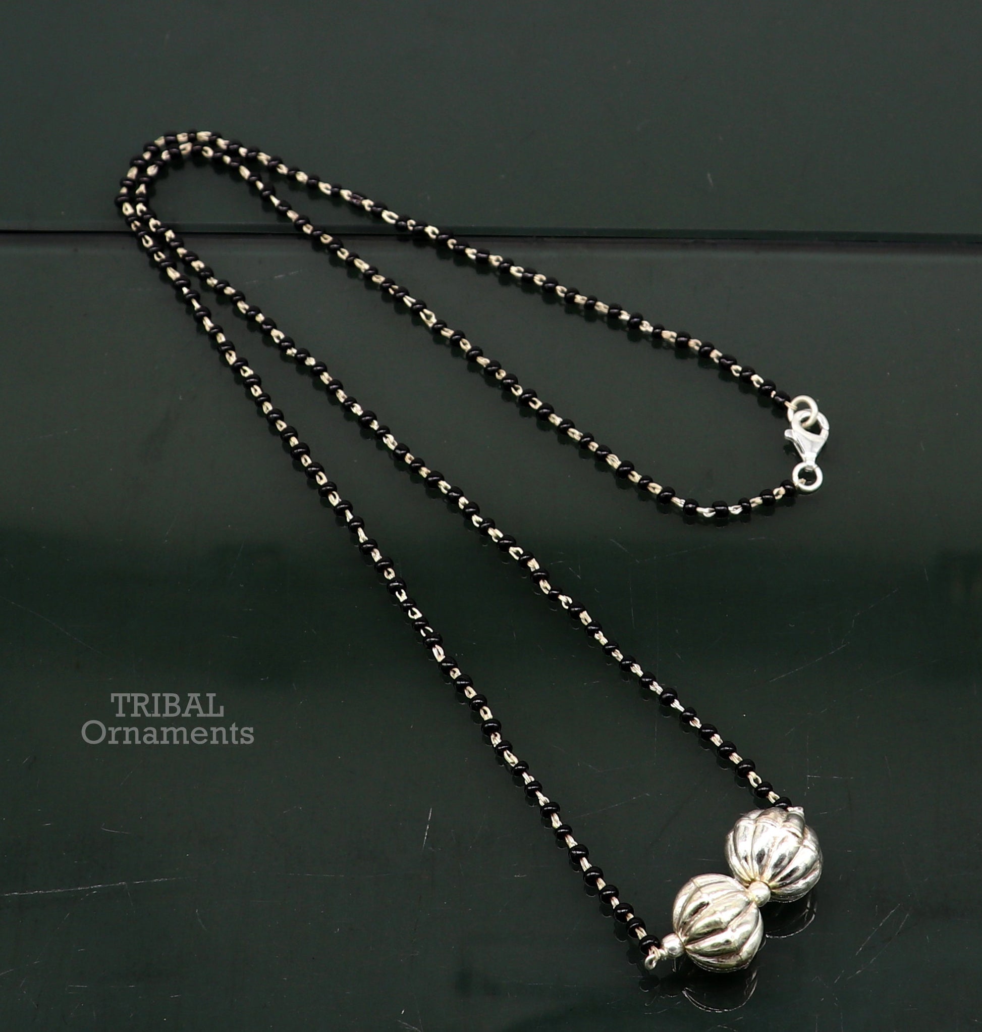 Pure 925 sterling silver black beads chain necklace, vintage ball pendant, traditional style brides Mangalsutra necklace set445 - TRIBAL ORNAMENTS