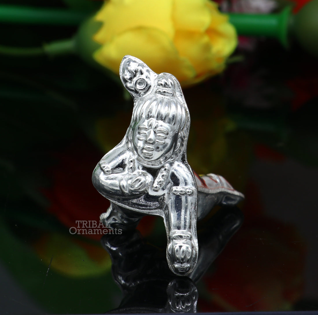 Sterling silver handmade Indian idol little baby Krishna, Ladu Gopal, small statue sculpture home temple balgopal puja art, utensils su742 - TRIBAL ORNAMENTS