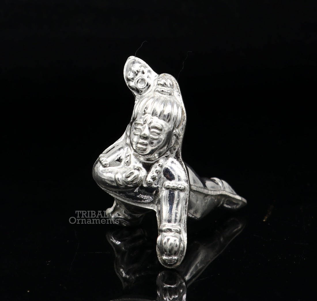 Sterling silver handmade Indian idol little baby Krishna, Ladu Gopal, small statue sculpture home temple balgopal puja art, utensils su742 - TRIBAL ORNAMENTS