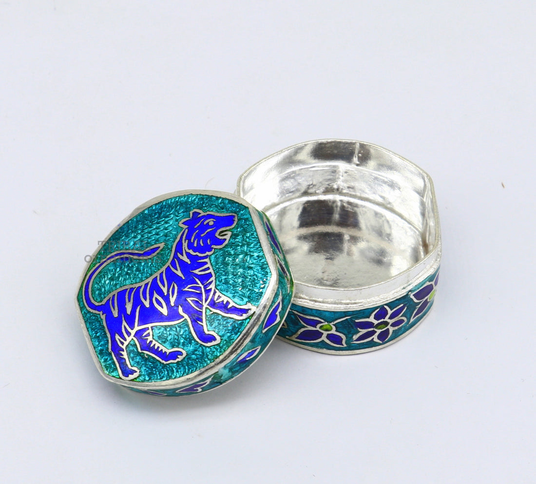 925 sterling silver trinket box, kajal box/casket box brides collection, lion enamel design container box, eyeliner box gifting stb366 - TRIBAL ORNAMENTS