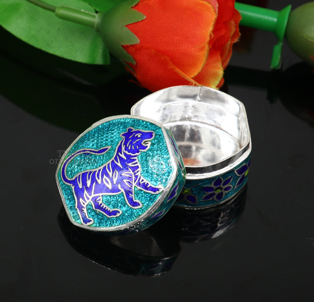 925 sterling silver trinket box, kajal box/casket box brides collection, lion enamel design container box, eyeliner box gifting stb366 - TRIBAL ORNAMENTS