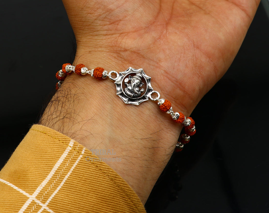 Divine 925 sterling silver handmade lord Ganesha design Rakhi bracelet amazing Rudraksha bracelet, use as daily use jewelry rk211 - TRIBAL ORNAMENTS