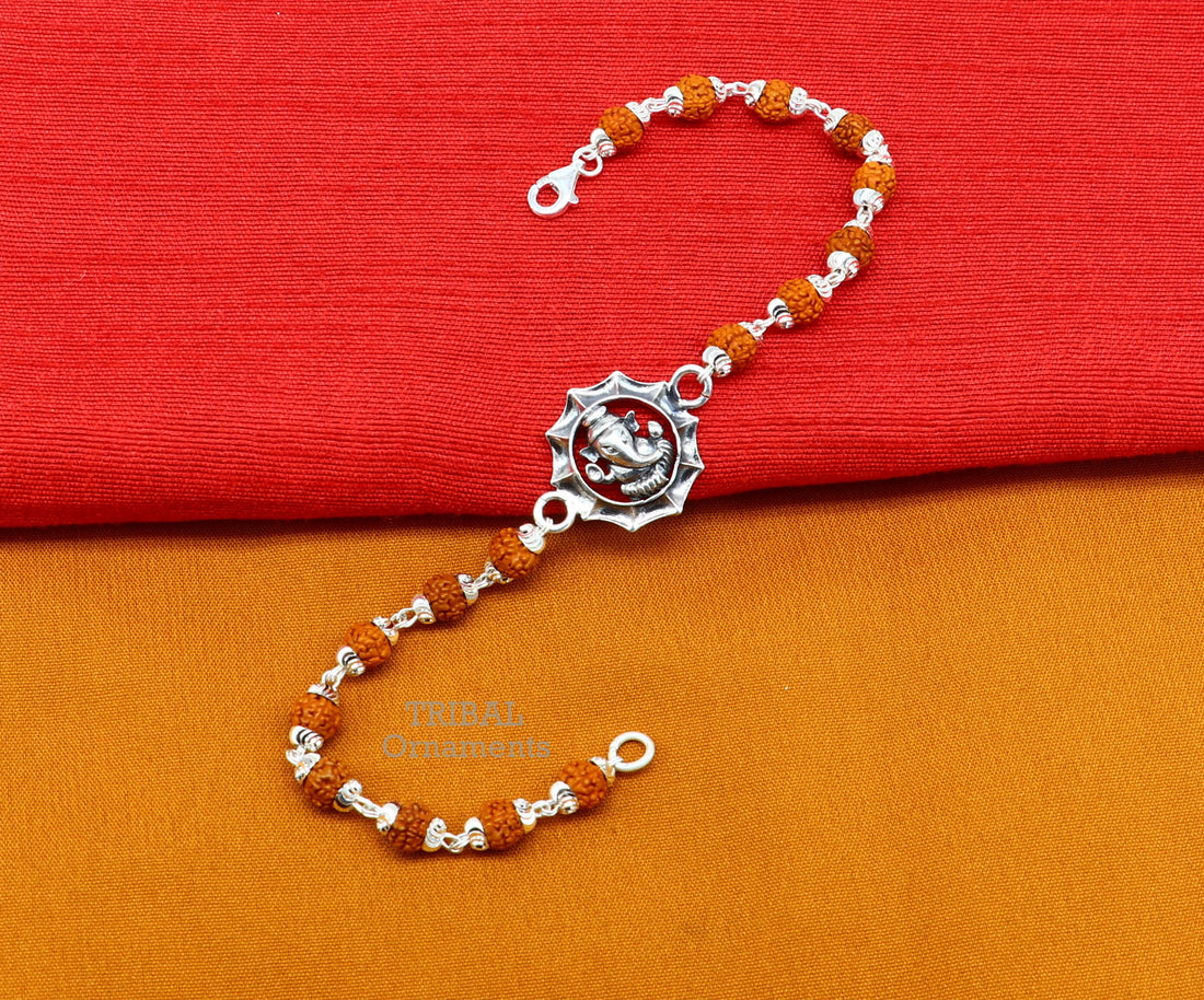 Divine 925 sterling silver handmade lord Ganesha design Rakhi bracelet amazing Rudraksha bracelet, use as daily use jewelry rk211 - TRIBAL ORNAMENTS