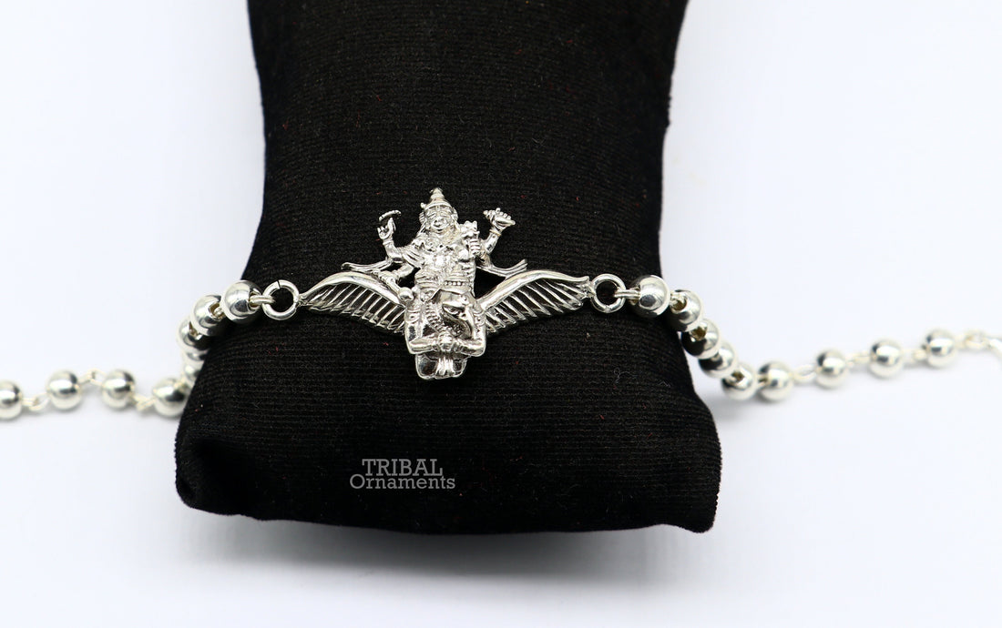 Divine 925 sterling silver handmade silver beaded Lord vishnu and garuda design Rakhi bracelet best gift for brother daily use jewelry rk214 - TRIBAL ORNAMENTS