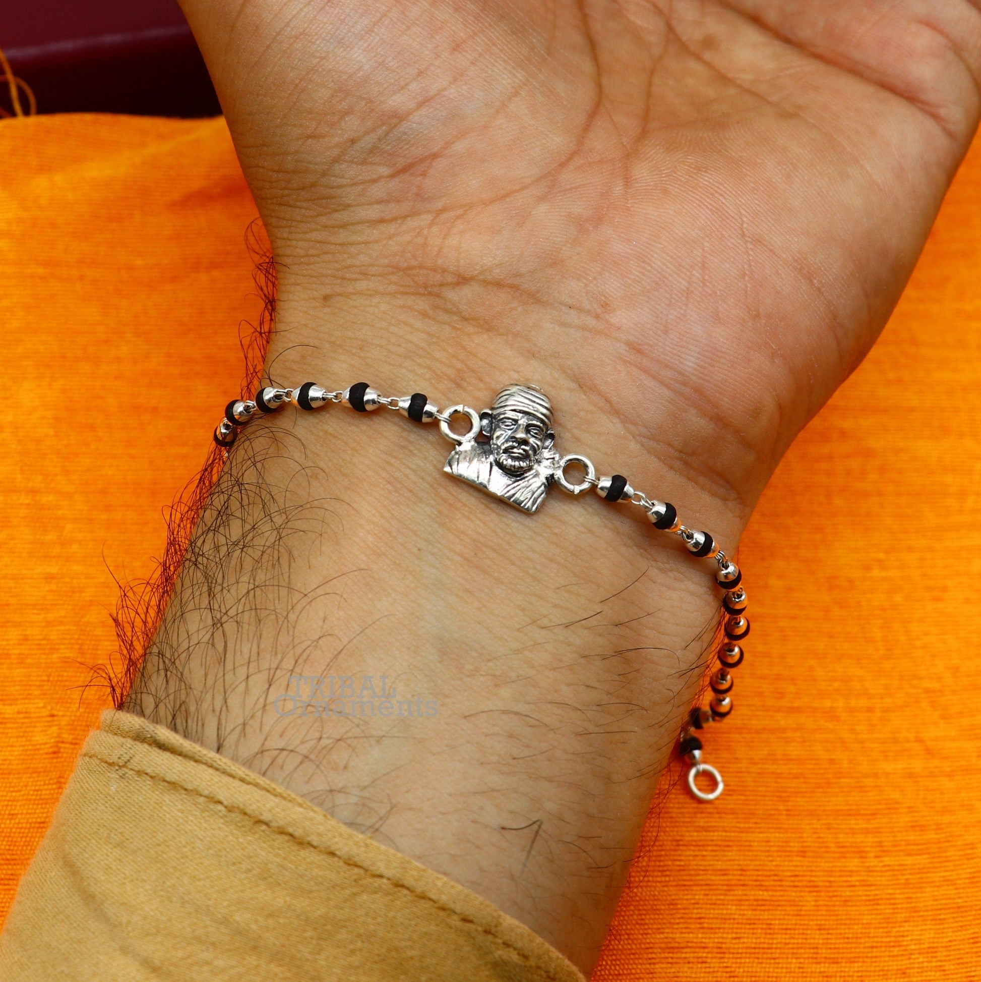 925 sterling silver handmade Sai baba design rakhi bracelet, available in rudraksha, black basil tulsi or silver beaded bracelet rk234 - TRIBAL ORNAMENTS